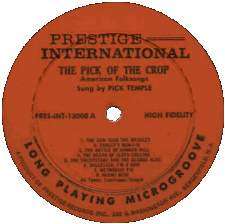 *The Pick of the Crop* Cover, Pick Temple's Prestige International Record Label  (Donated by Jack Maier)