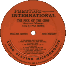 *The Pick of the Crop* Cover, Pick Temple's Prestige International Record Label  (Donated by Jack Maier)