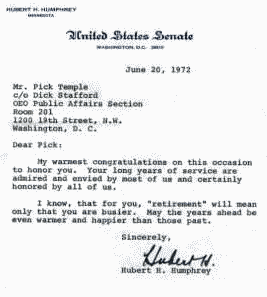Hubert Humphrey's Letter To Pick Temple (Courtesy of Park Temple)