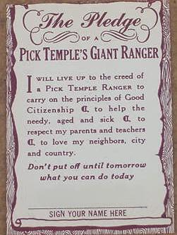 Pick Temple 's Giant Rangers Pledge Card (Back)